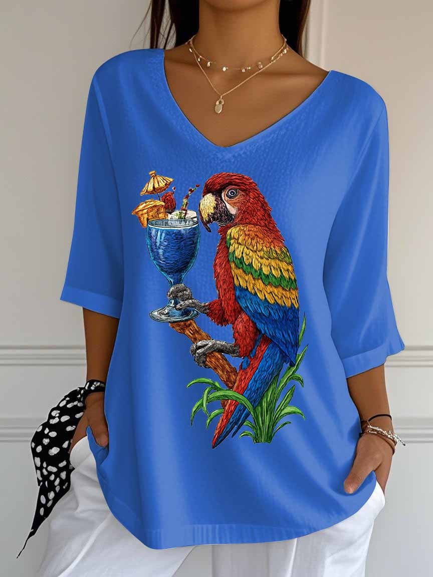 Women's Retro Parrot Margarita Print Mid Sleeve T-Shirt