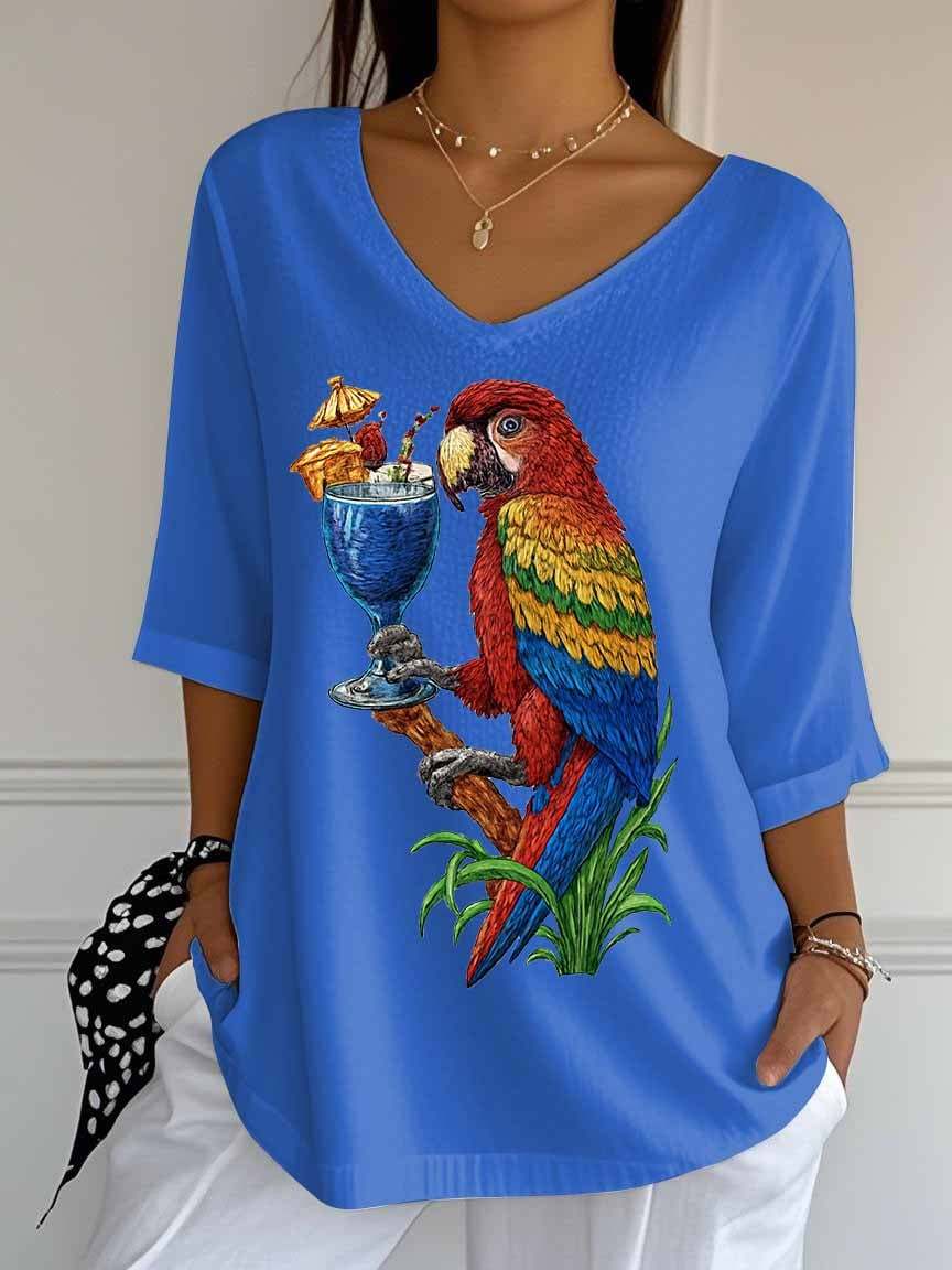 Women's Retro Parrot Margarita Print Mid Sleeve T-Shirt