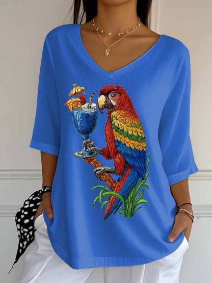 Women's Retro Parrot Margarita Print Mid Sleeve T-Shirt