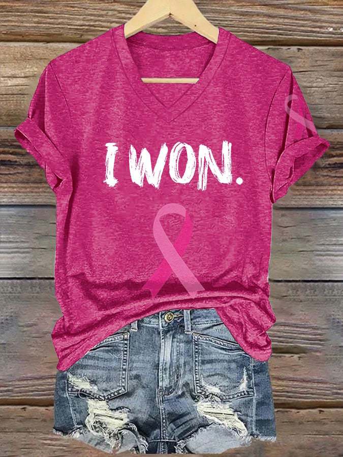 ❤️Warm Gift❤️V-neck Retro Breast Cancer Awareness Pink Ribbon I Won Print T-Shirt