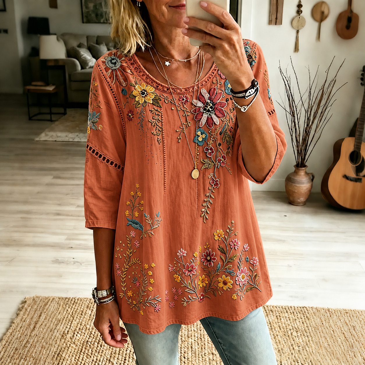 Women's Floral Embroidered Linen Blouse
