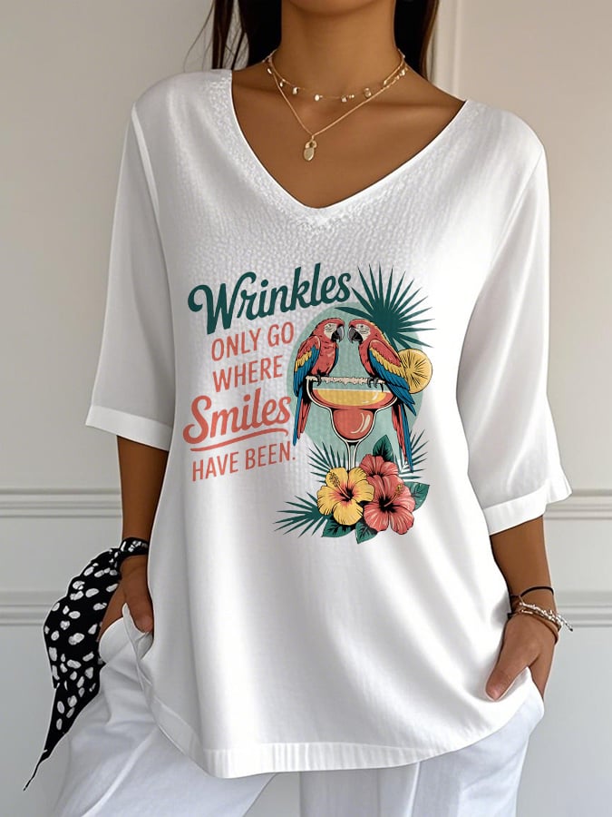 Women's Retro Wrinkles Only Go Where Smiles Have Been Print Mid Sleeve T-Shirt