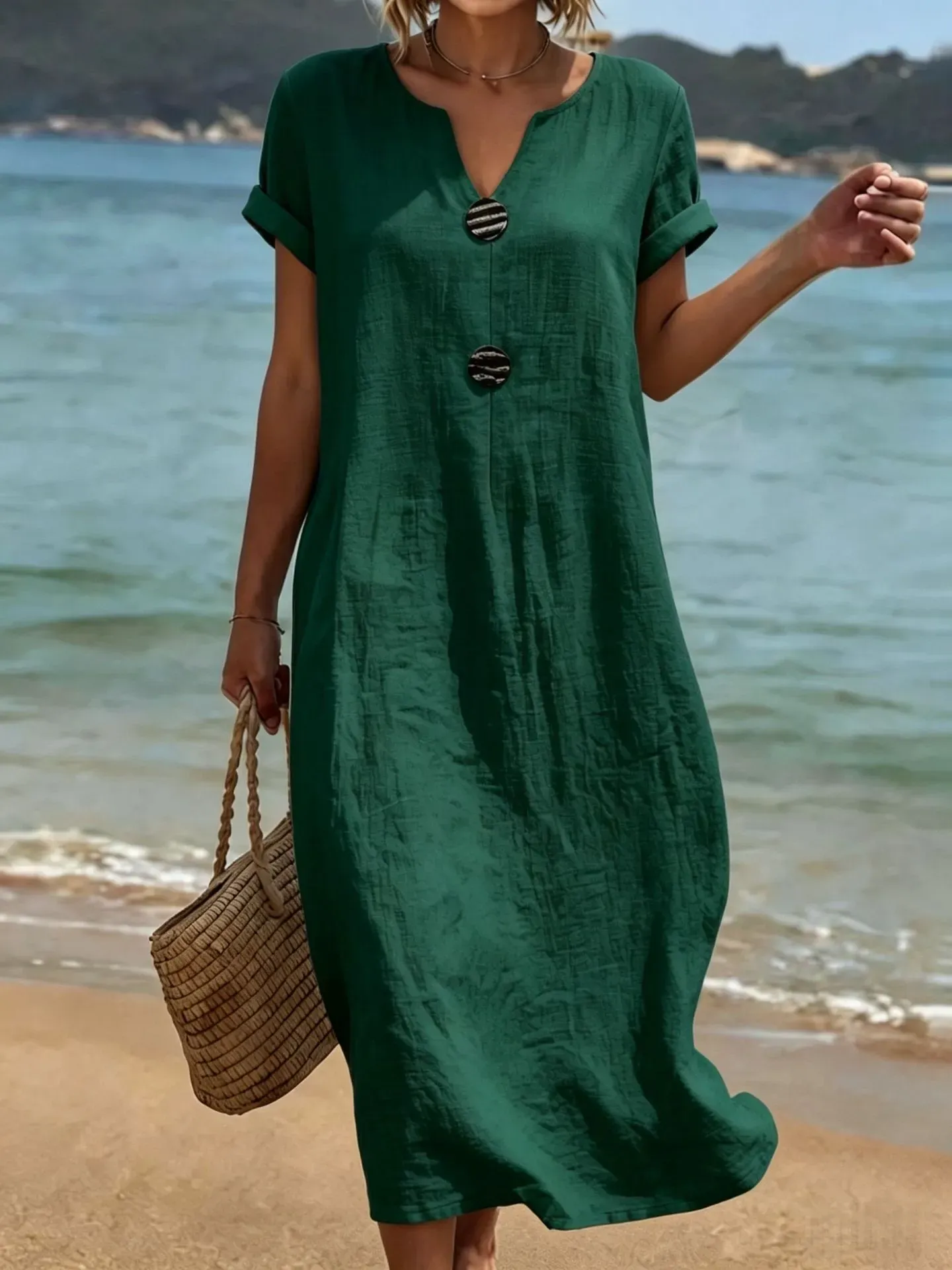 Summer Midi Dress with V-Neck & Decorative Buttons – Light Linen Material, Short Flared Sleeves