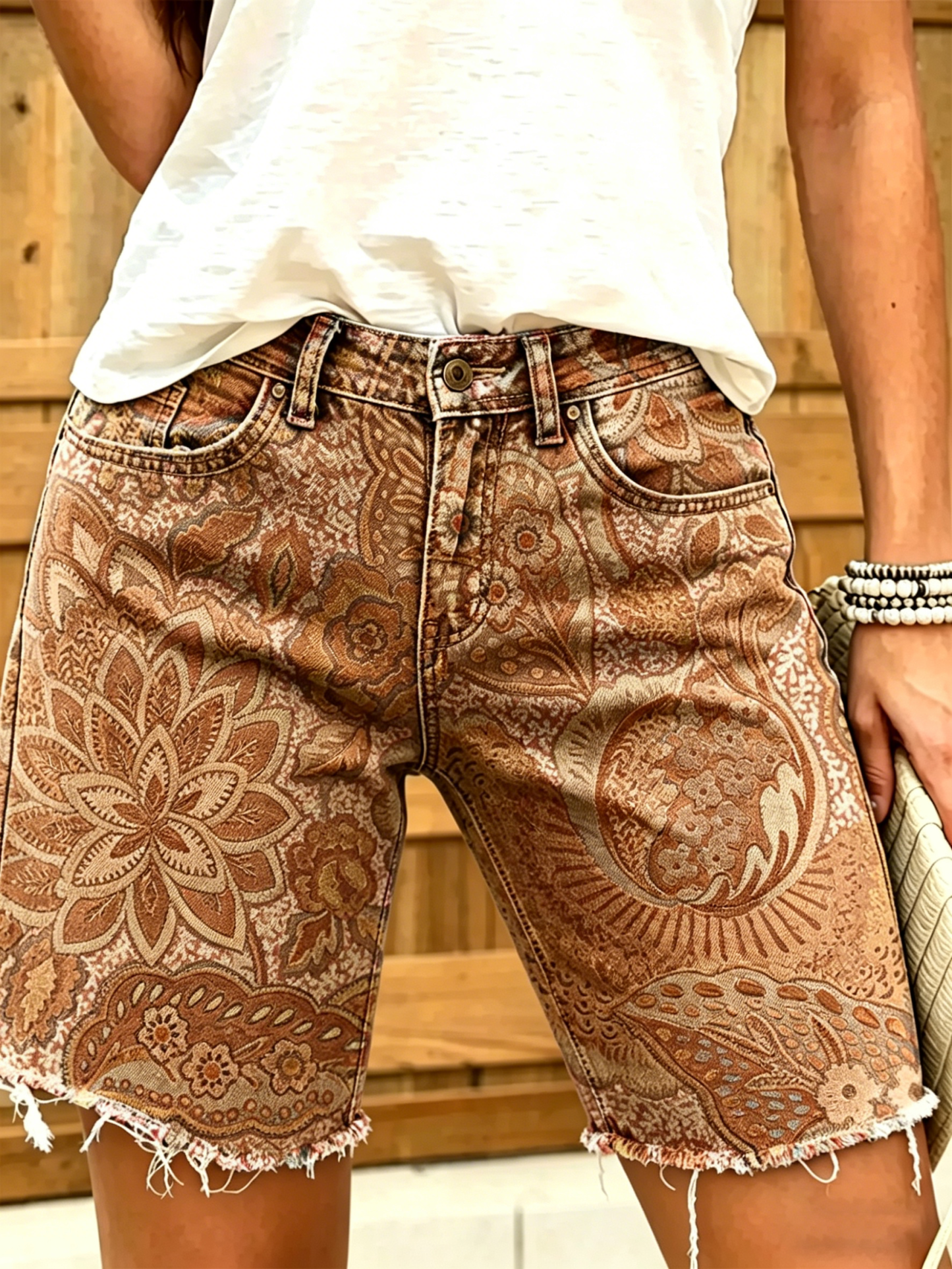 Women's Colorful Ethnic Flowers Print Denim Bermuda Shorts