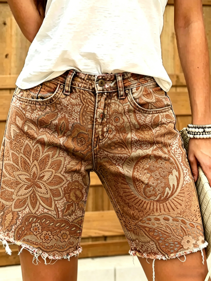 Women's Colorful Ethnic Flowers Print Denim Bermuda Shorts