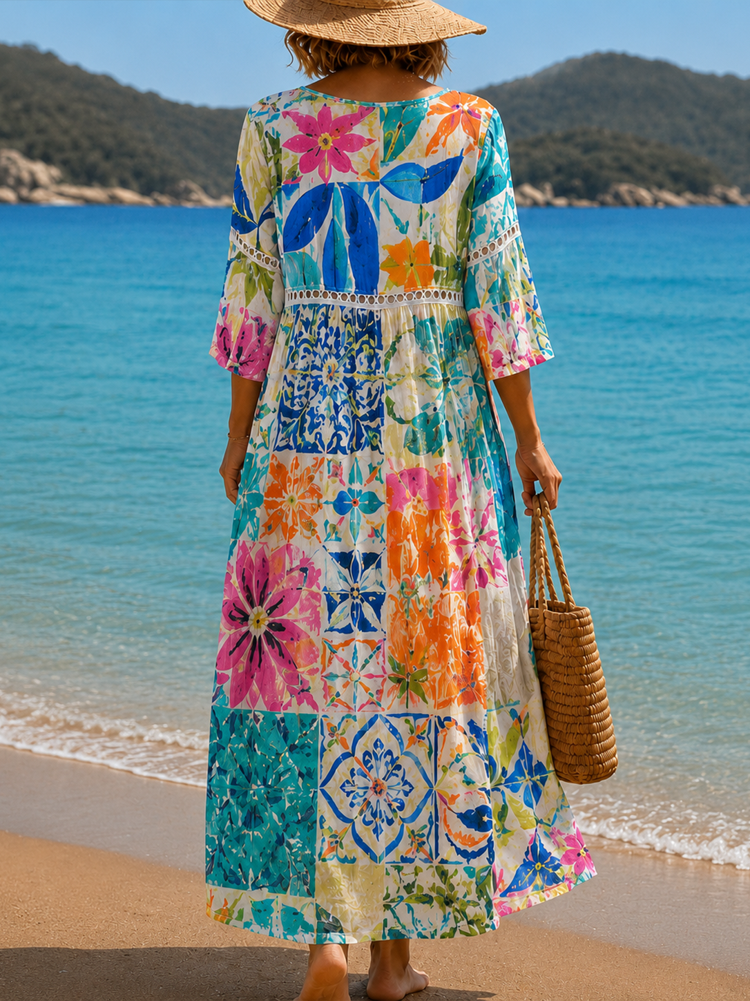 Women's Vacation Linen Boho Floral Print V-Neck Short Sleeve Maxi Dress