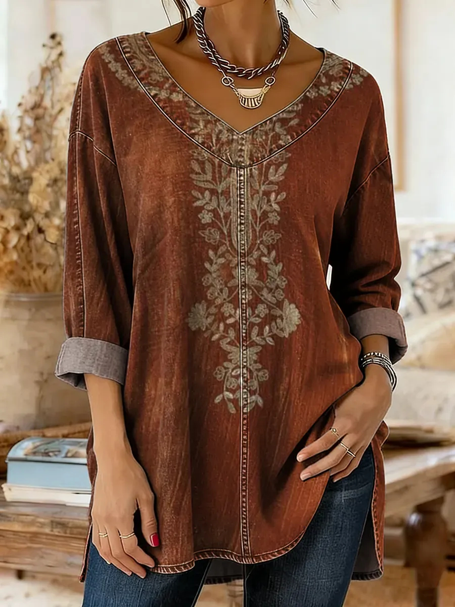 Ethnicity Flowers Totem Women's Art Print Casual Washed Denim Cotton Top