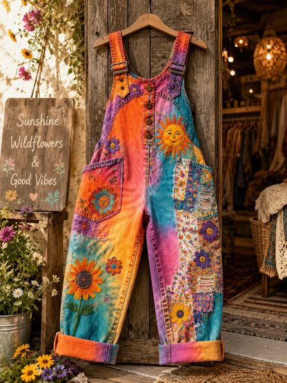 Women's Retro Style Art Print Washed Cotton Denim Patchwork Jumpsuit
