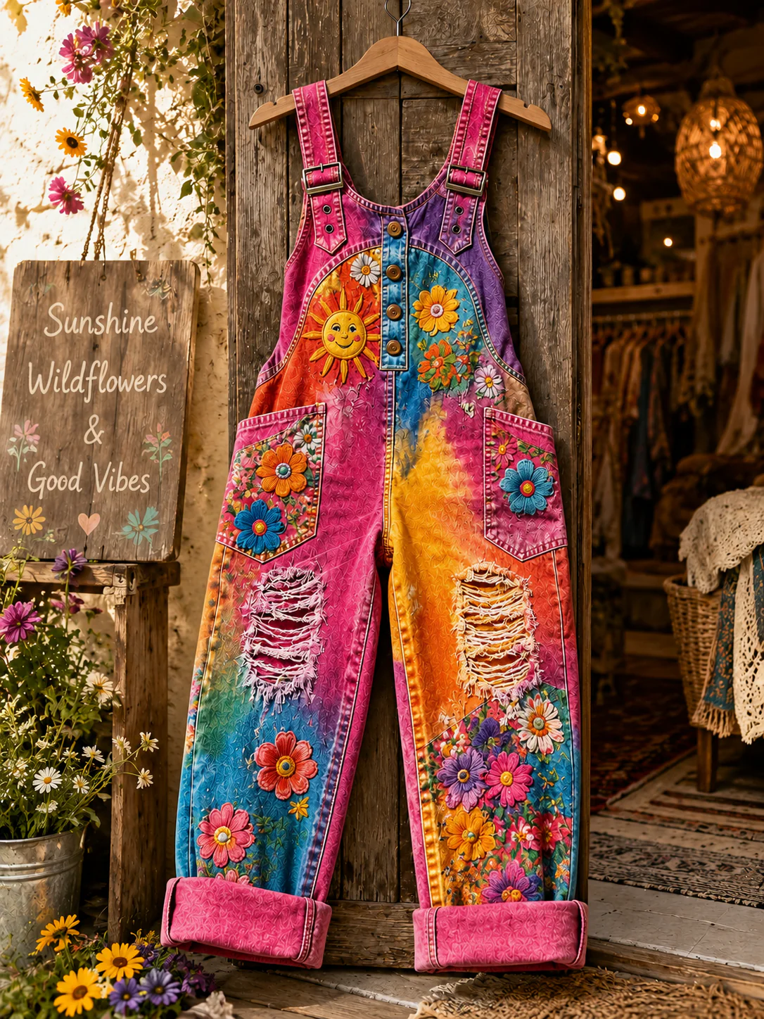 Women's Retro Style Art Print Washed Cotton Denim Patchwork Jumpsuit