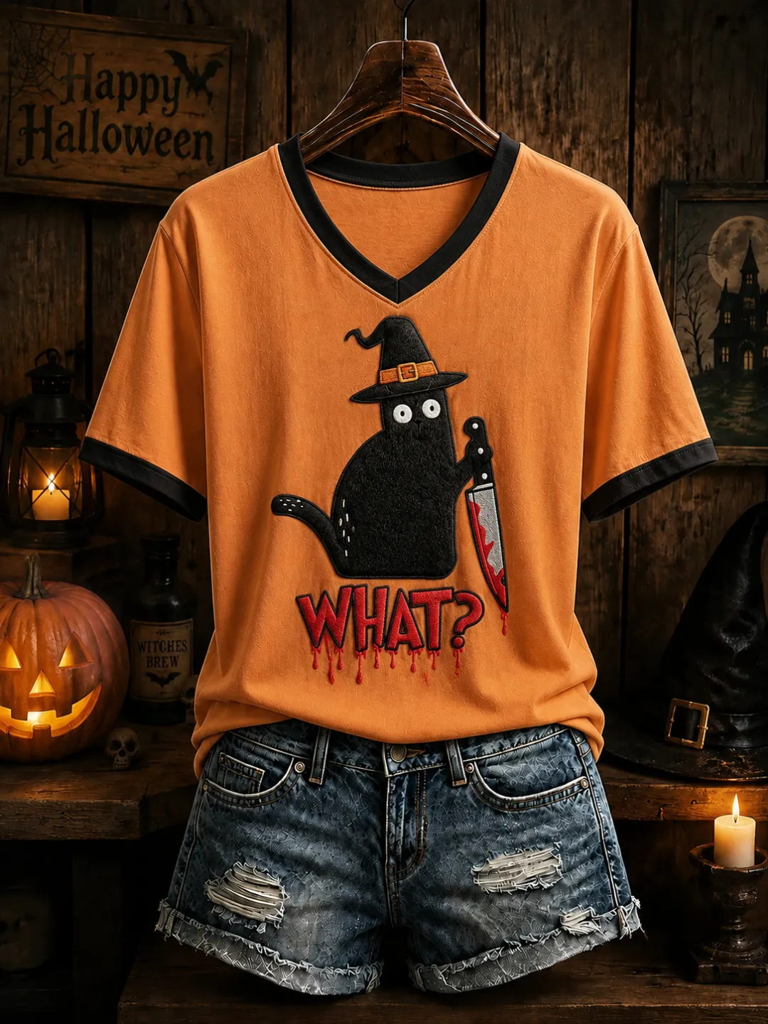 Halloween Print V-Neck T-Shirt