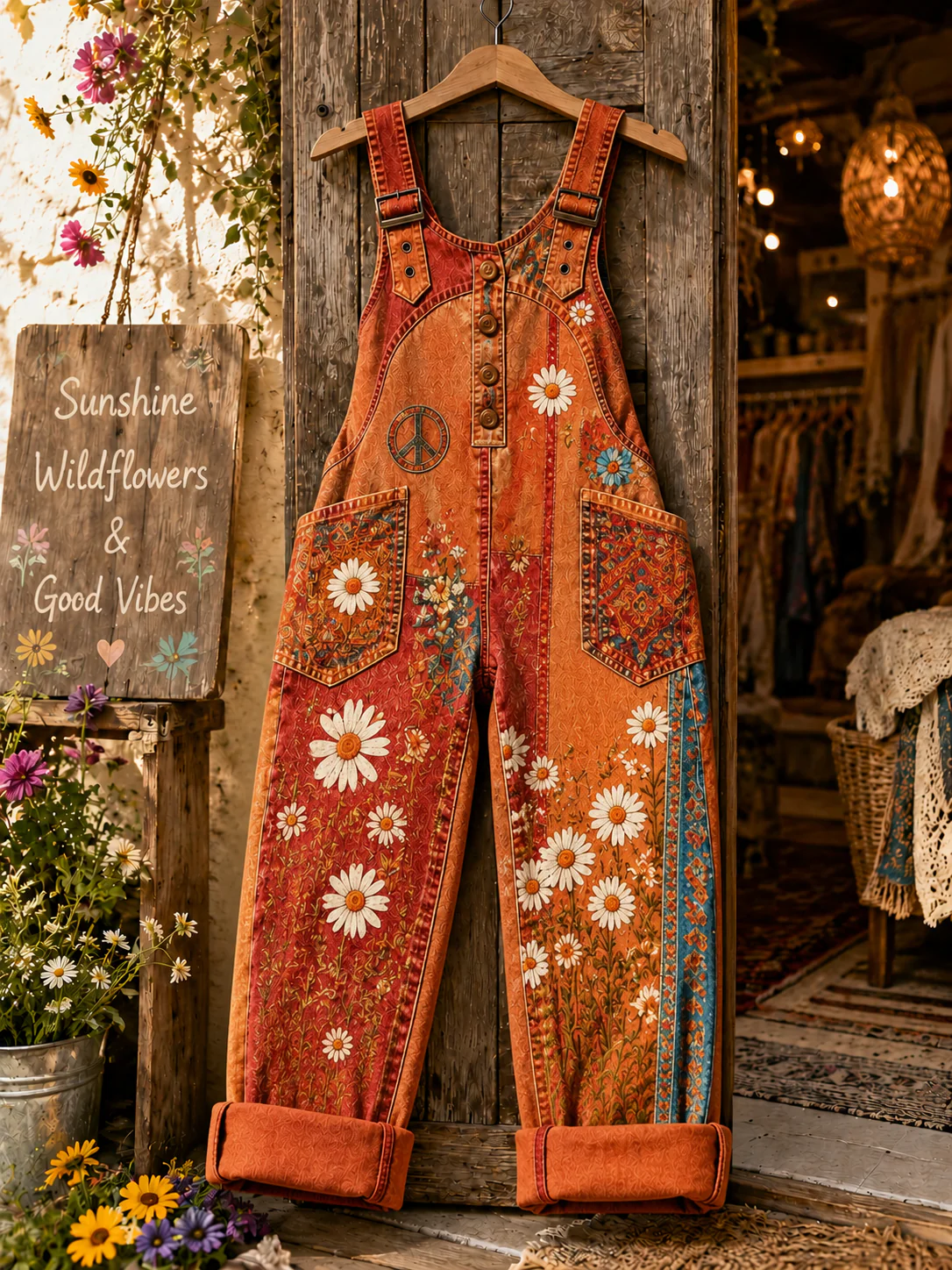 Summer Floral Sunny Women's Casual Washed Cotton Denim Patchwork Jumpsuit