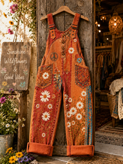 Summer Floral Sunny Women's Casual Washed Cotton Denim Patchwork Jumpsuit
