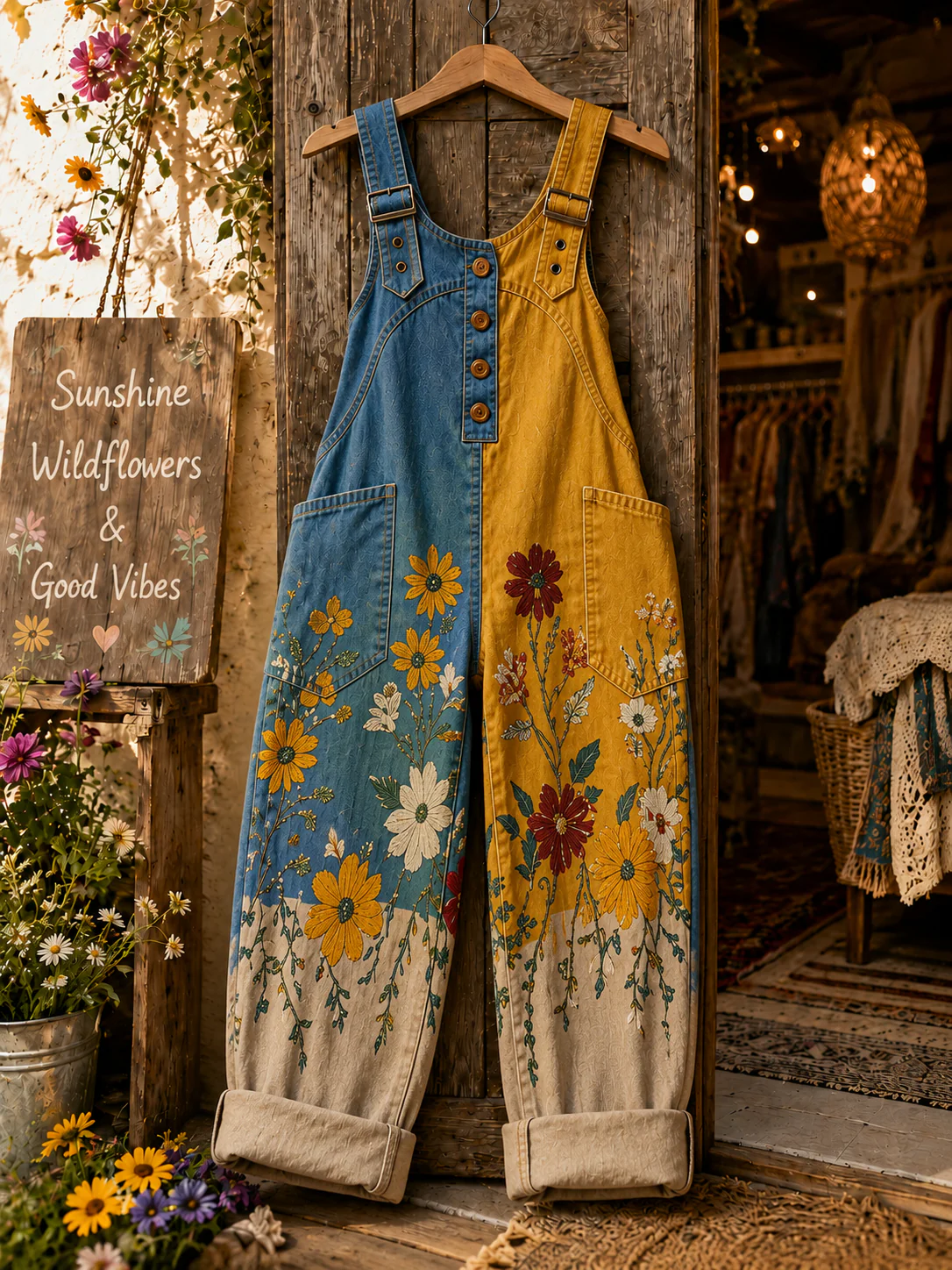 Fashion Floral Sunny Women's Casual Washed Cotton Denim Patchwork Jumpsuit