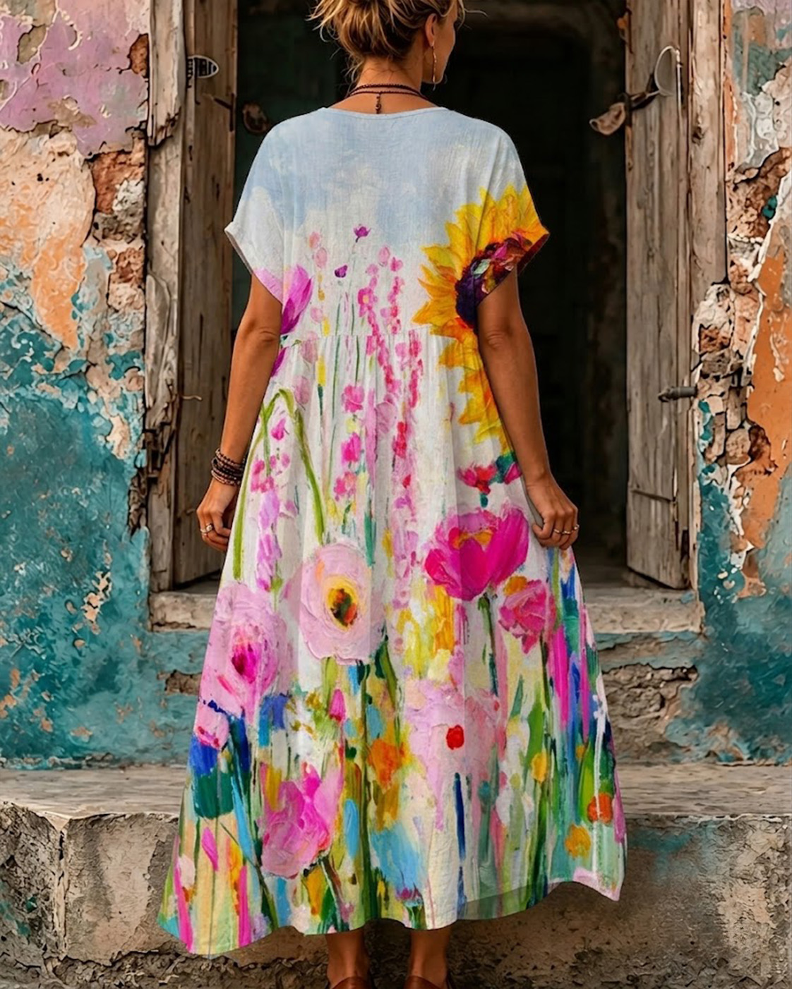 Women's Blooming Sunflower Print V-Neck Short Sleeve Maxi Dress