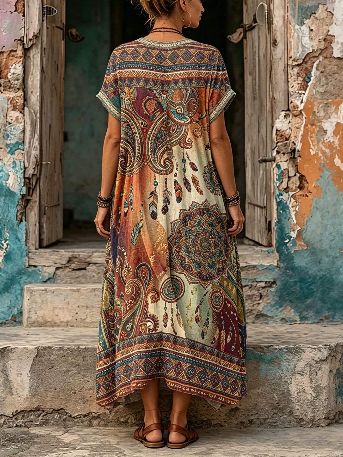 Women's Retro Bohemia Floral Print V-Neck Short Sleeve Maxi Dress