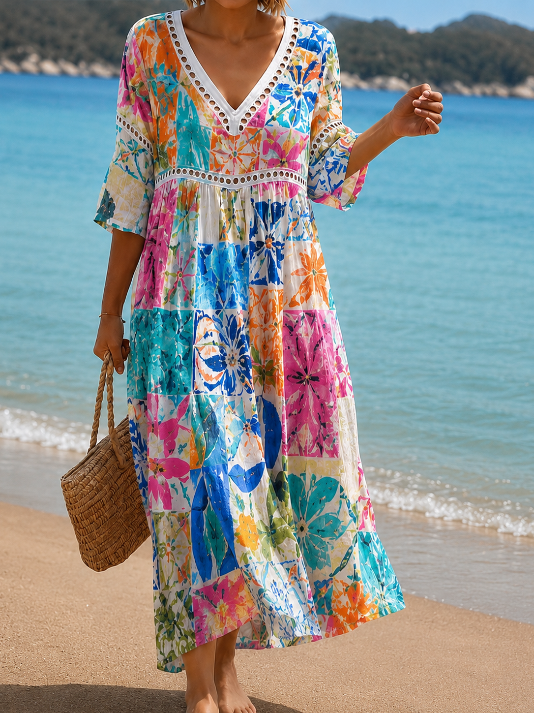 Women's Vacation Linen Boho Floral Print V-Neck Short Sleeve Maxi Dress