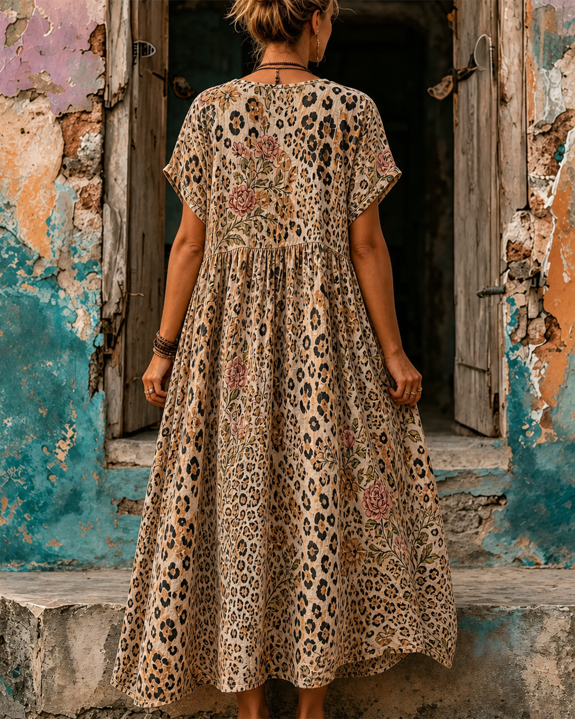 Women's Vacation Linen Retro Boho Floral Print V-Neck Short Sleeve Maxi Dress