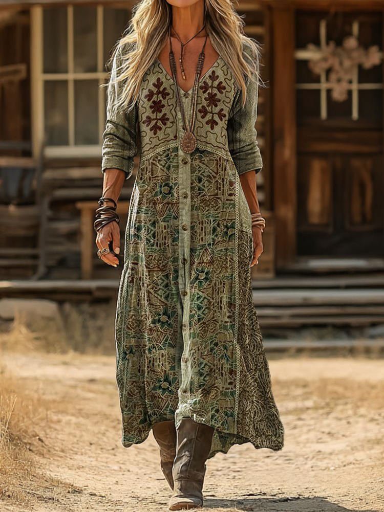 Vintage Ethnic Pattern Art Print Pocket Cotton Dress