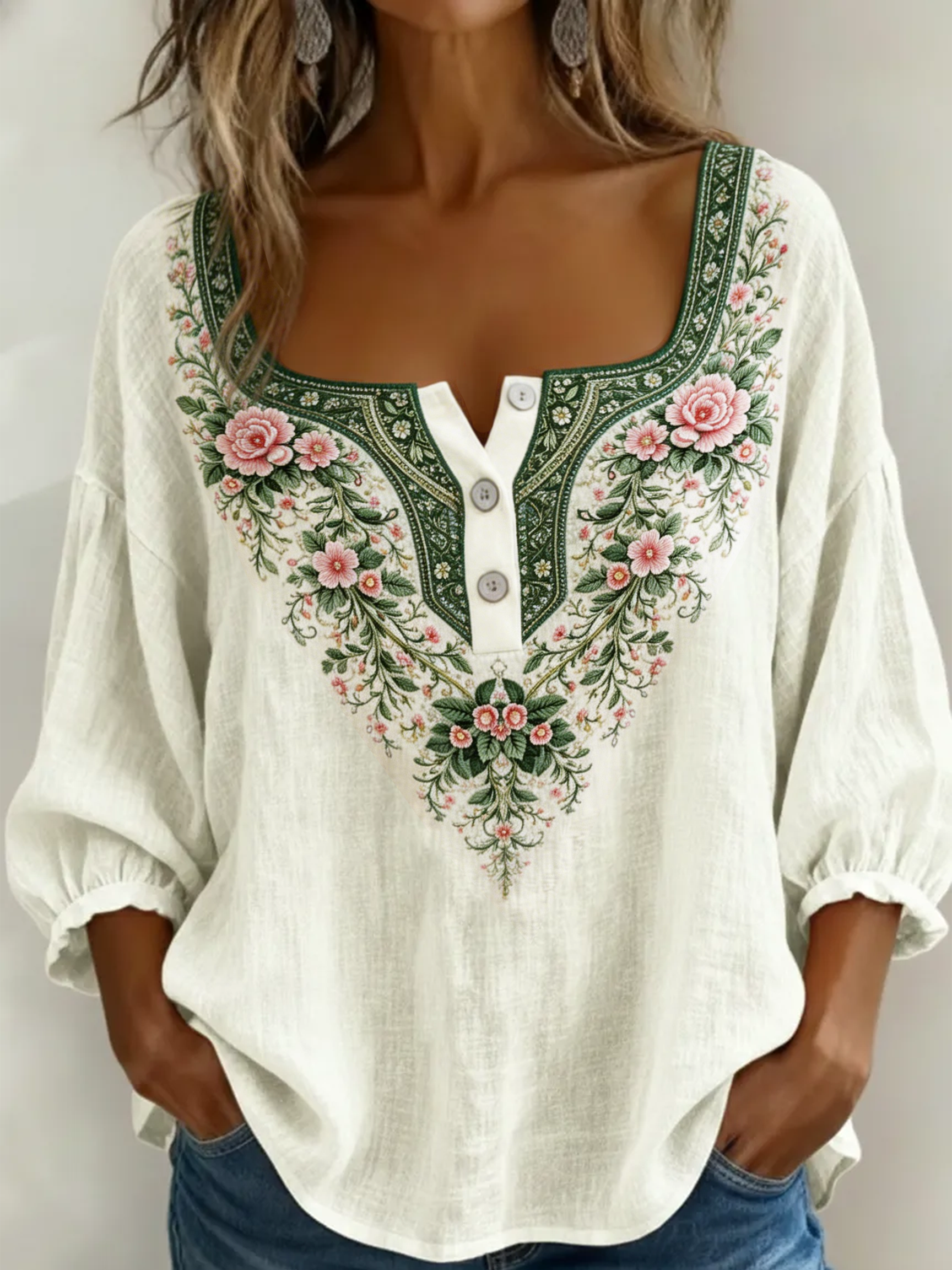 Women's Retro Casual Early Spring Square Collar Button Bubble Sleeve Cotton Shirt