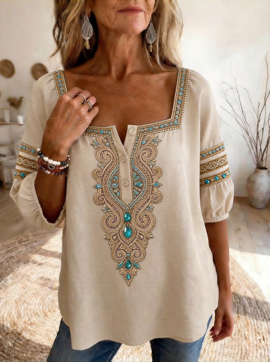 Women's Retro-Style Floral Art Print Casual Square-Neck Top