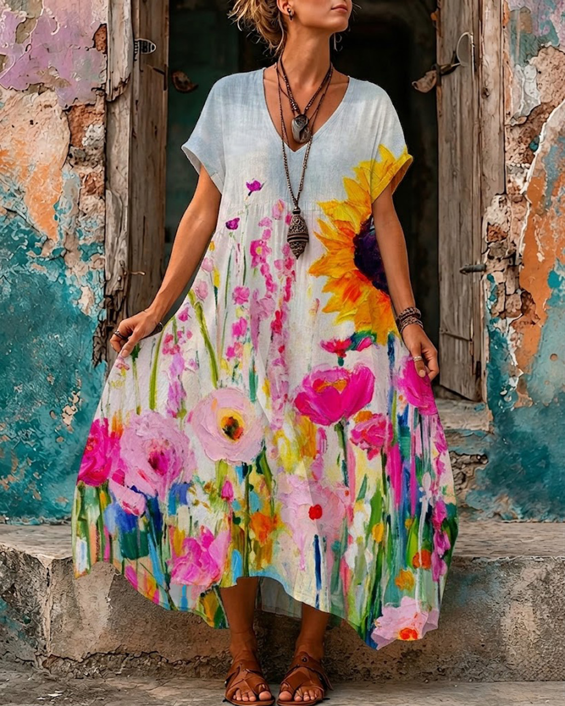 Women's Blooming Sunflower Print V-Neck Short Sleeve Maxi Dress