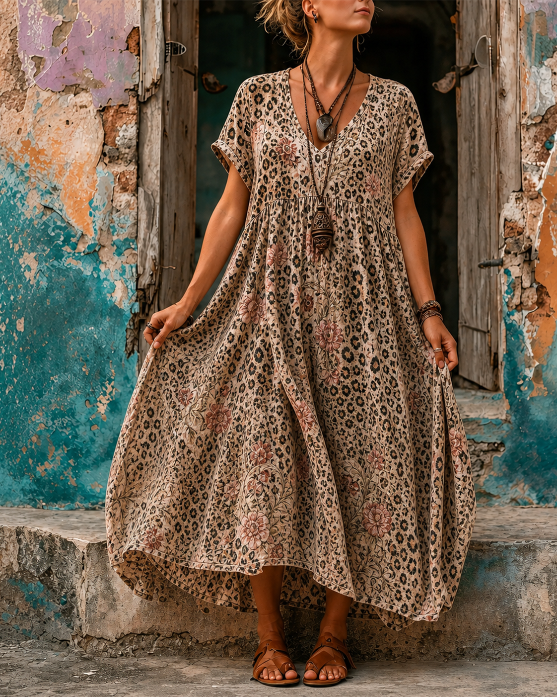 Women's Vacation Linen Retro Boho Floral Print V-Neck Short Sleeve Maxi Dress