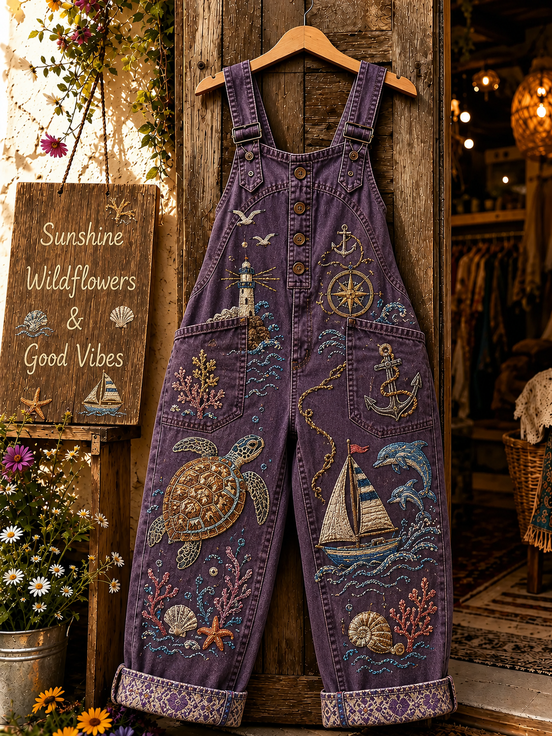 Women's Vintage Ocean Resort Print Denim Overalls Long Pants