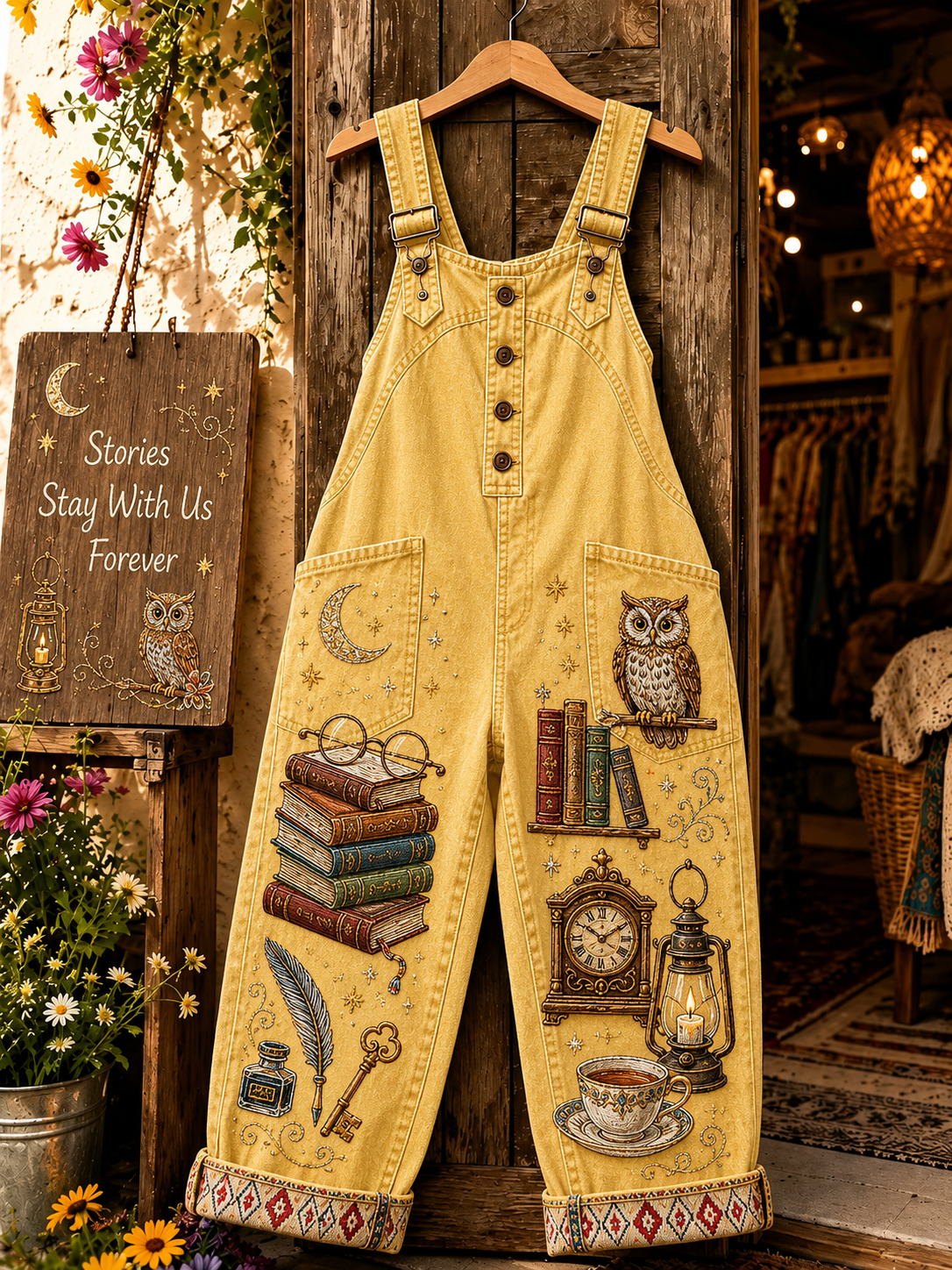 Women's Vintage Print Denim Overalls Long Pants