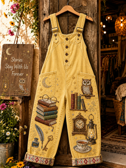 Women's Vintage Print Denim Overalls Long Pants