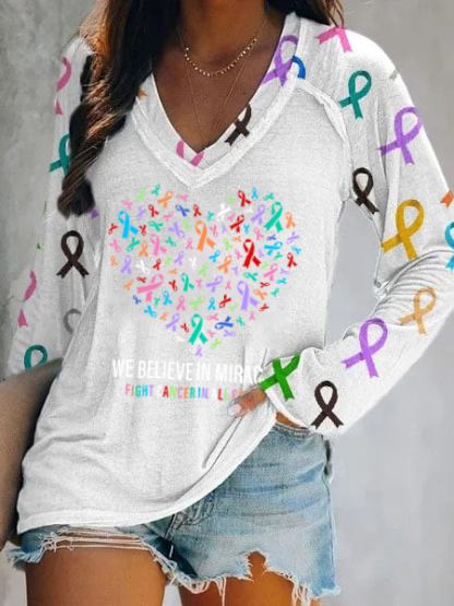 Women's We Believe in Miracles Fight Cancer In All Colors Casual Long Sleeve T-Shirt