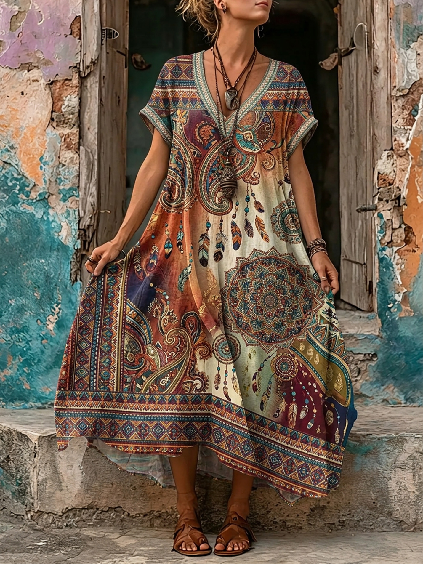 Women's Retro Bohemia Floral Print V-Neck Short Sleeve Maxi Dress