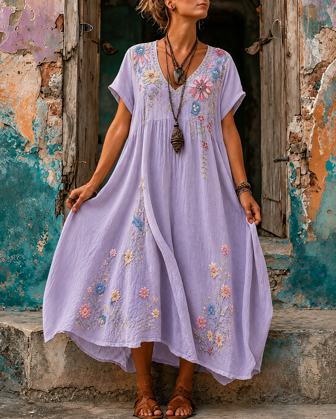 Women's Vacation Linen Boho Floral Print V-Neck Short Sleeve Maxi Dress