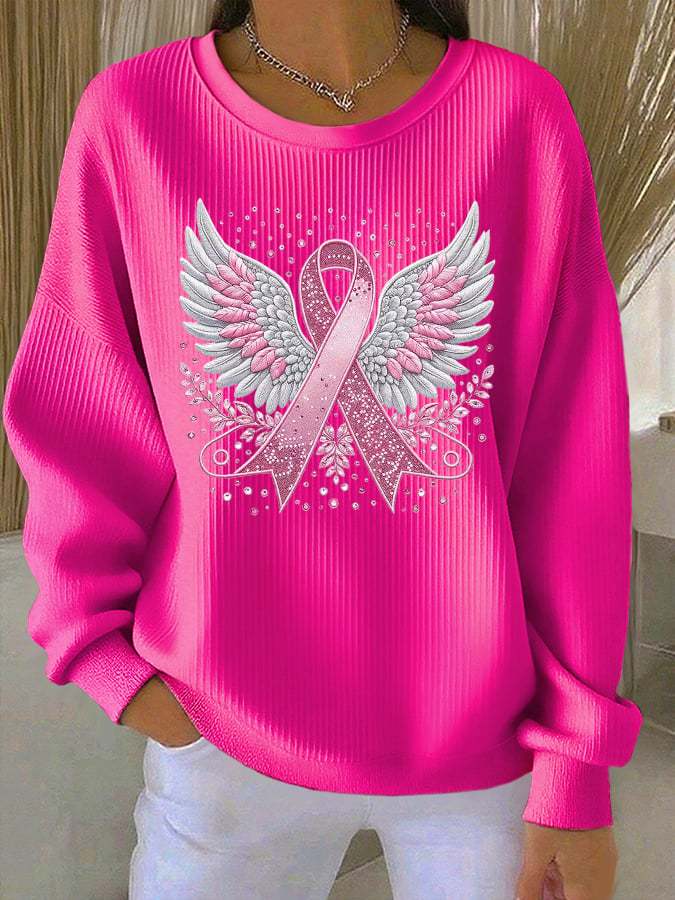 Women's Casual Pink Ribbon Wings Textured Sweatshirt