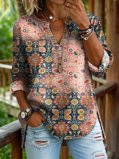 Women's Vintage Floral Print Casual V-neck Washed Cotton Denim Shirt