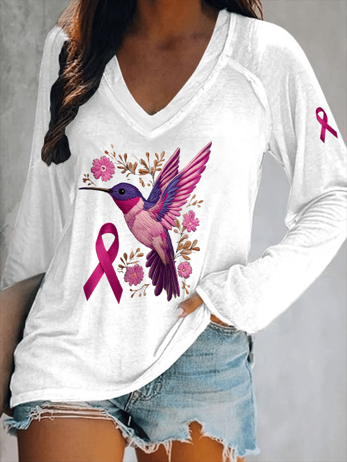 Women's Breast Cancer Awareness Hummingbird Print V Neck T-Shirt