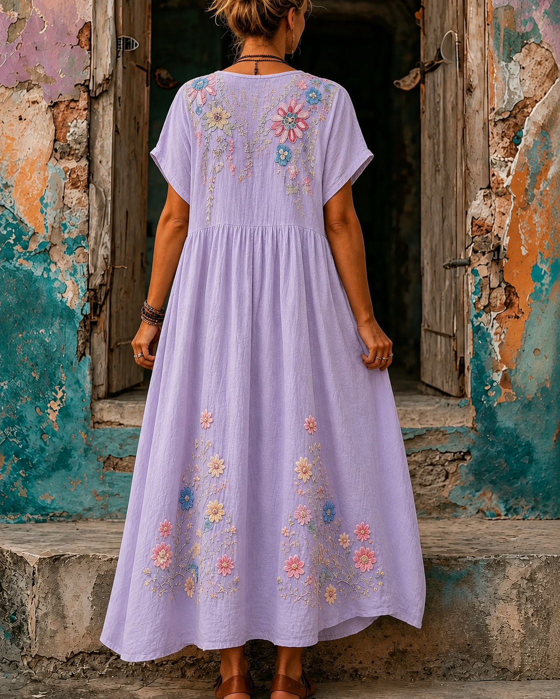 Women's Vacation Linen Boho Floral Print V-Neck Short Sleeve Maxi Dress