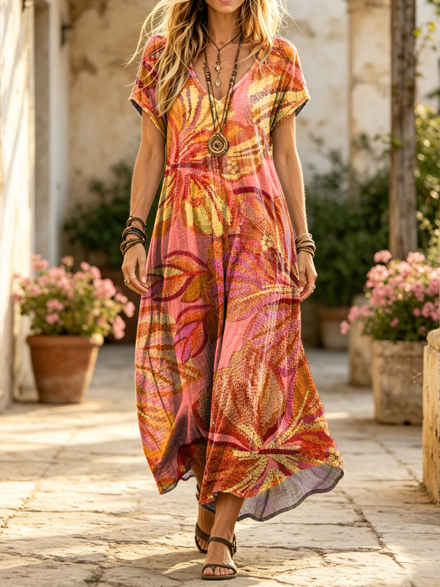 Women's Retro Ethnic Floral Art Print Casual Short-sleeve V-neck Cotton Dress