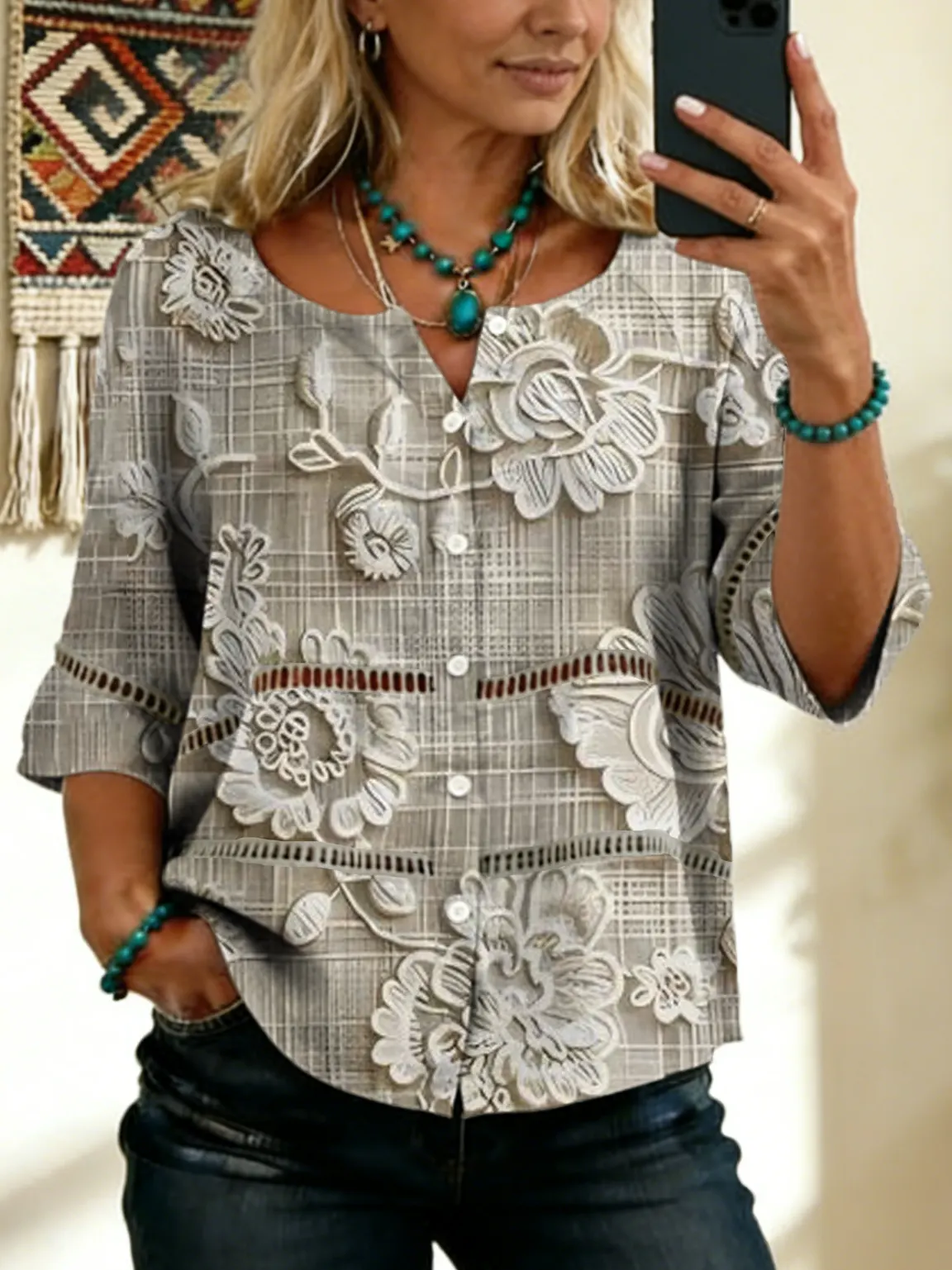 Women's Vintage Floral Art Print Tie-front Button-up Cotton-linen Blend Short-sleeve Shirt