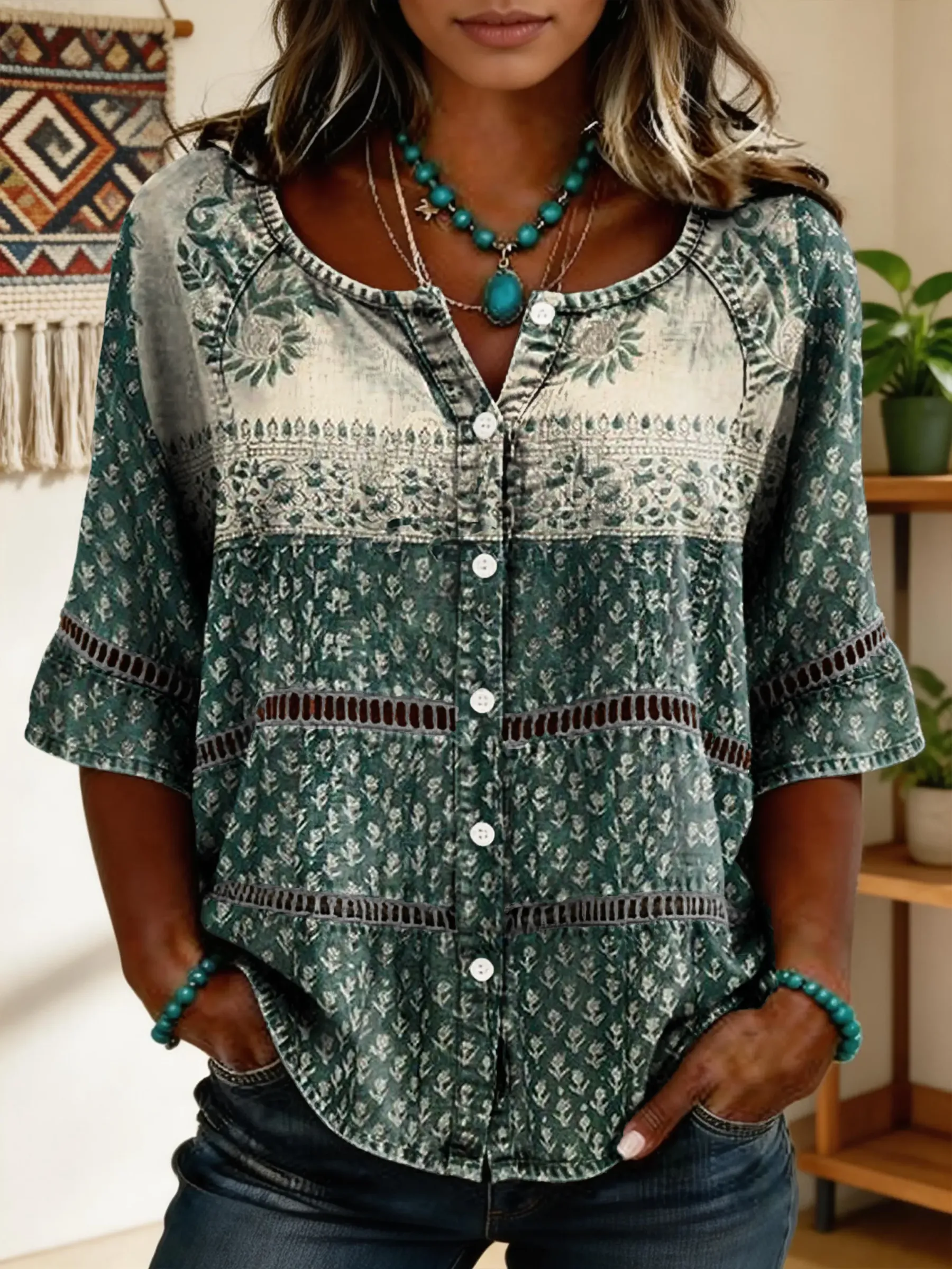 Women's Vintage Floral Art Print Lace-up Button-up Short-sleeve Shirt