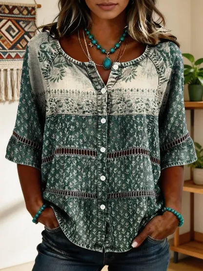 Women's Vintage Floral Art Print Lace-up Button-up Short-sleeve Shirt