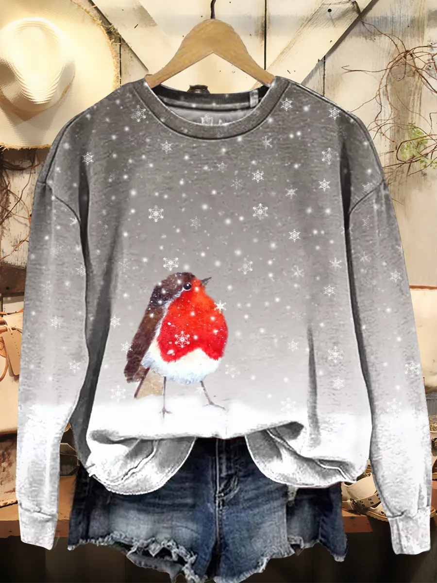 Women's Vintage Cute Snowflake Bird Christmas Art Print Casual Crewnec