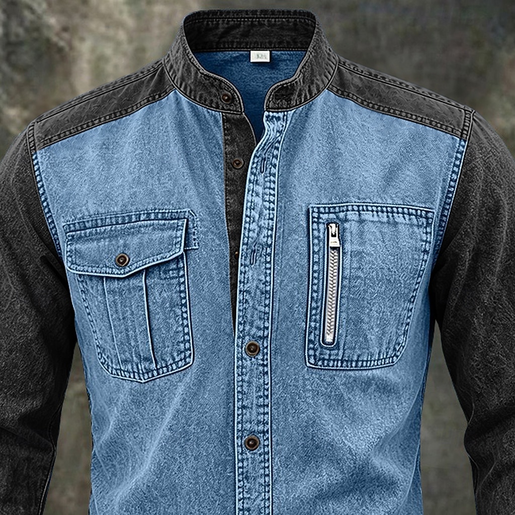 Men Shirt Garment Dyed Acid Wash Shirt Blue Wine Green khaki Long Sleeve Plain Mandarin Collar Casual Daily Pocket Clothing Apparel Elegant Vintage Fashion Casual 2026 - $35.99 –P4