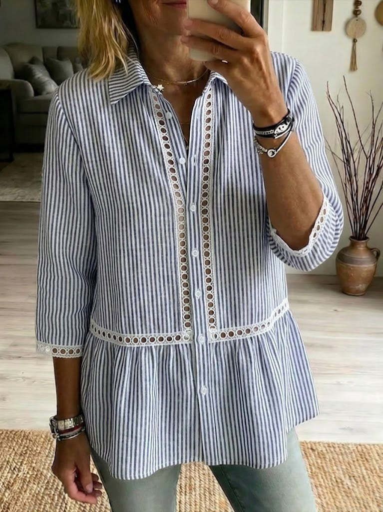 Women's Casual Patchwork Cutout Shirt, Striped Webbing Linen Cotton Top