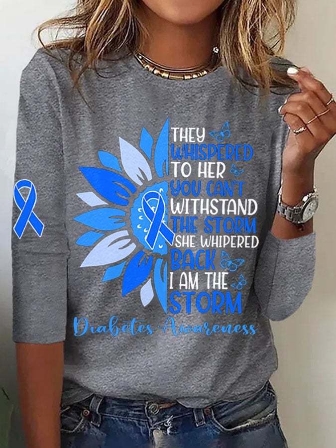 Retro Diabetes Awareness She Whispered Back I Am The Storm Sunflower Blue Ribbon Print T-Shirt