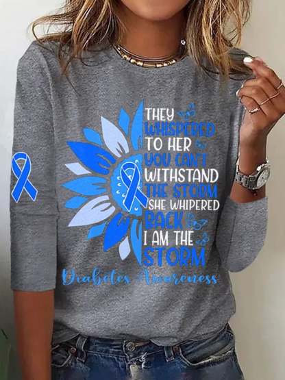 Retro Diabetes Awareness She Whispered Back I Am The Storm Sunflower Blue Ribbon Print T-Shirt