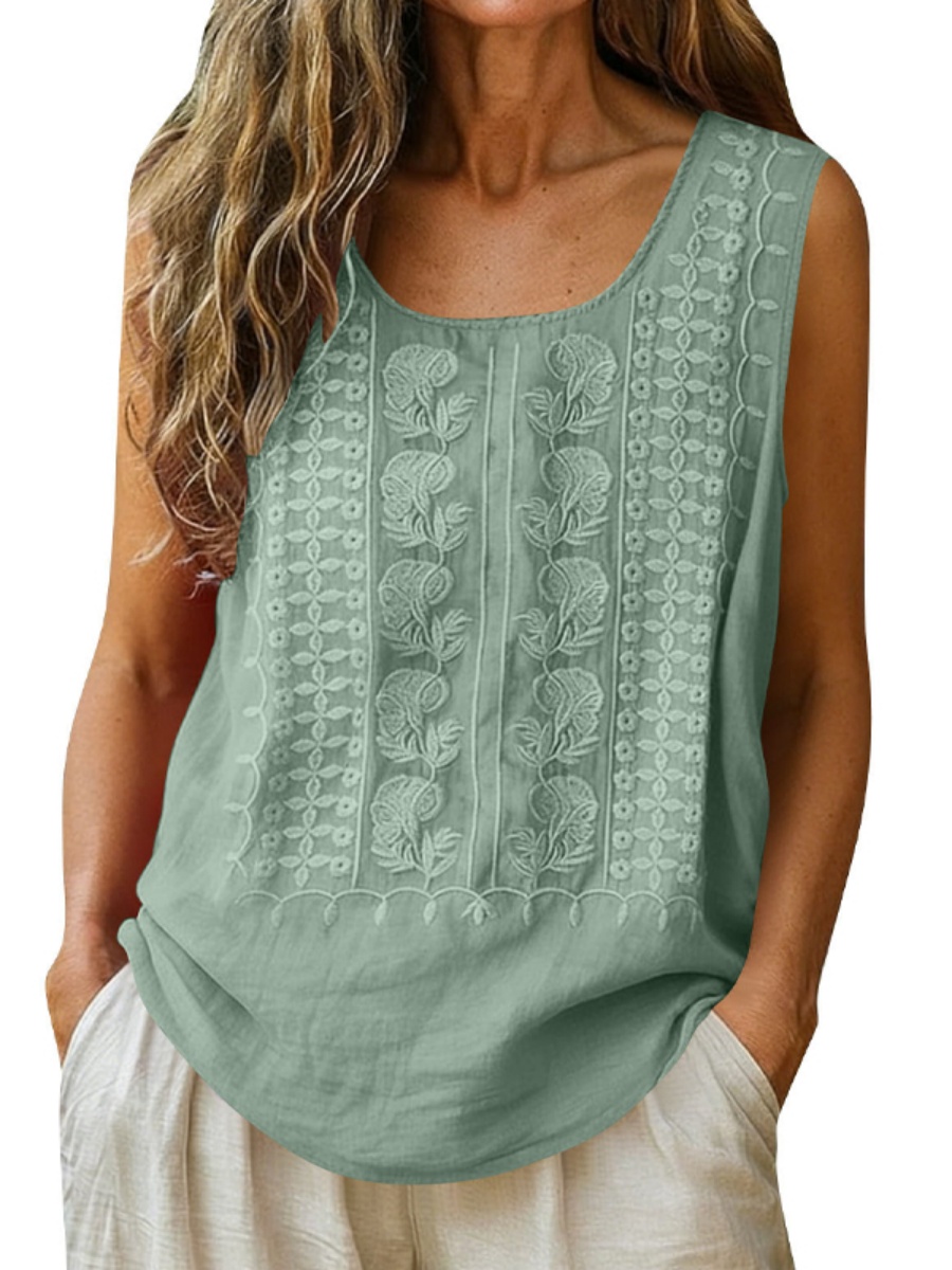 Women's Cotton and Linen Round Neck Embroidered Tank Tops