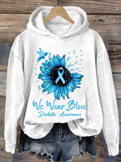 Retro Diabetes Awareness We Wear Blue Hummingbird Blue Ribbon Print Hoodie