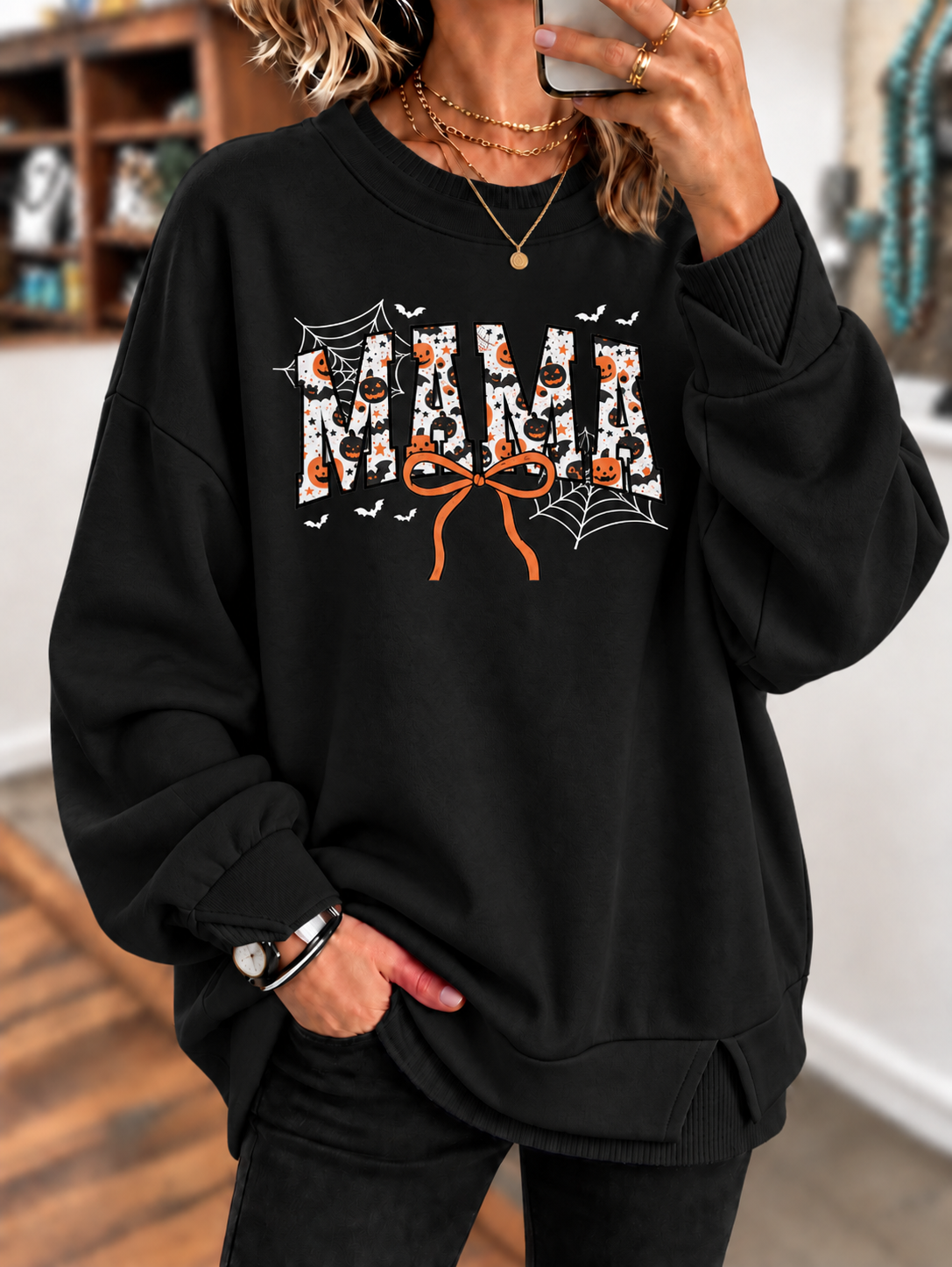Halloween Mama Graphic T-Shirt – Pumpkin, Bat and Spiderweb Bow Printed Sweatshirt