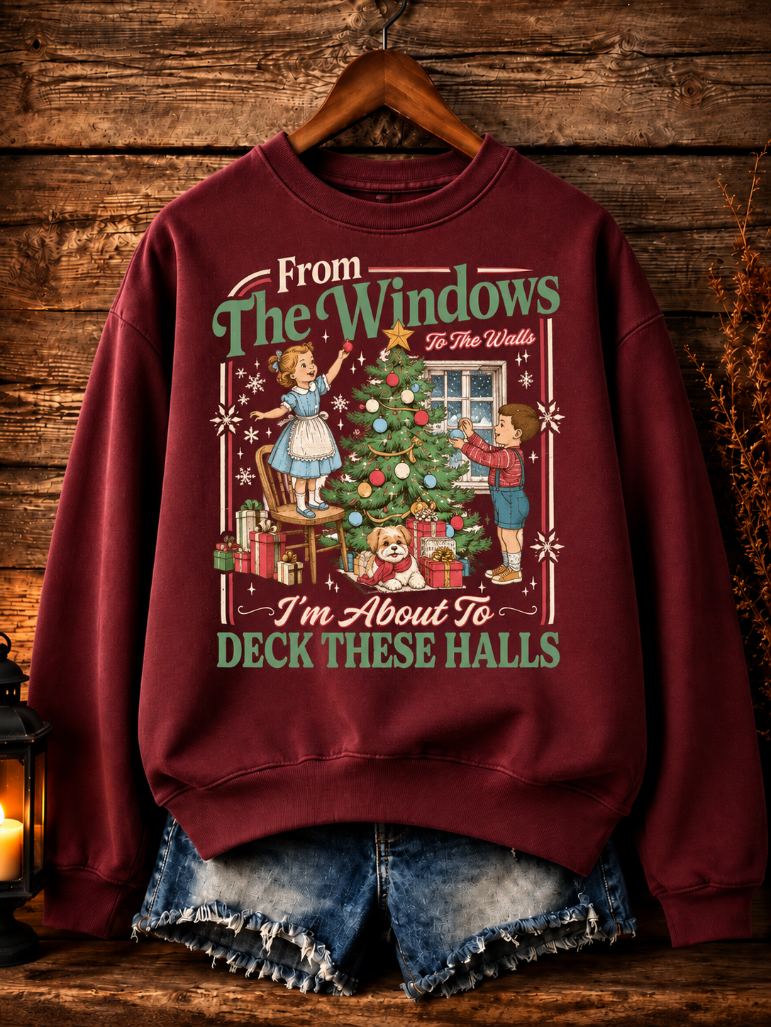 Christmas From The Window To The Walls Pattern Crew Neck Sweatshirt