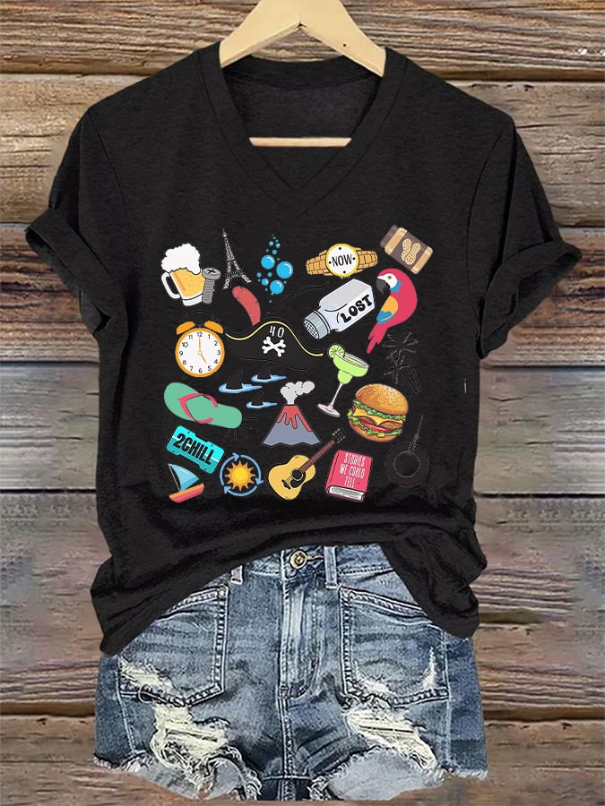 V-Neck Retro Funny Song Titles Print T-Shirt